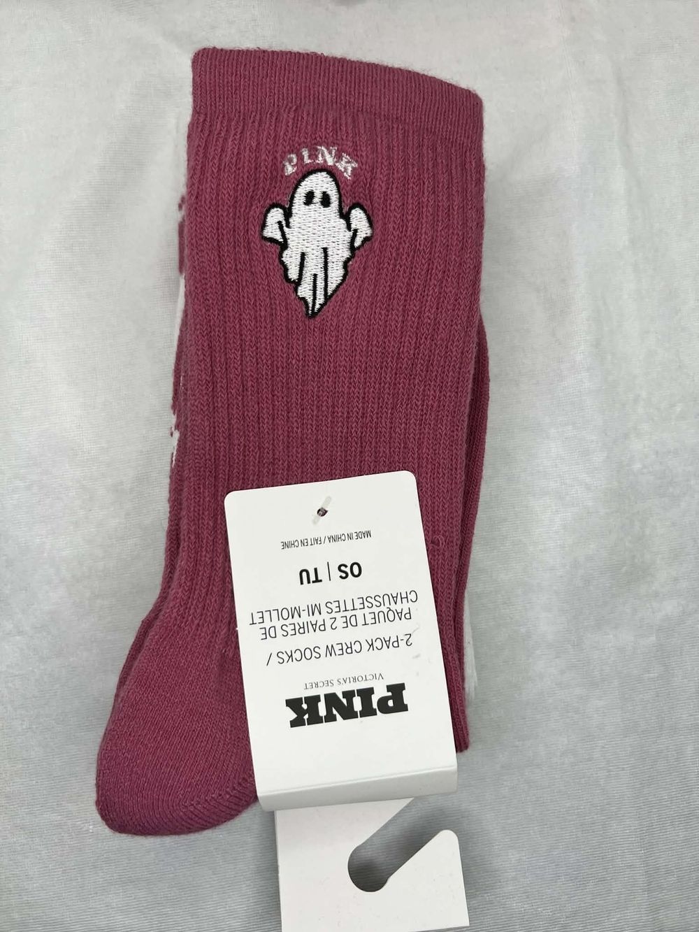 PINK Victoria's Secret Mauve Crew Socks with Ghost Embroidery